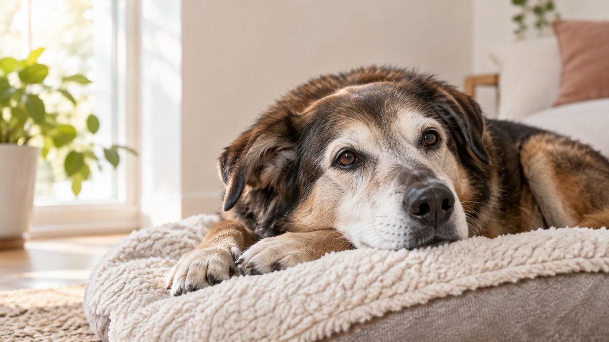 Senior dog resting comfortably for the 13 year old dog in human years guide